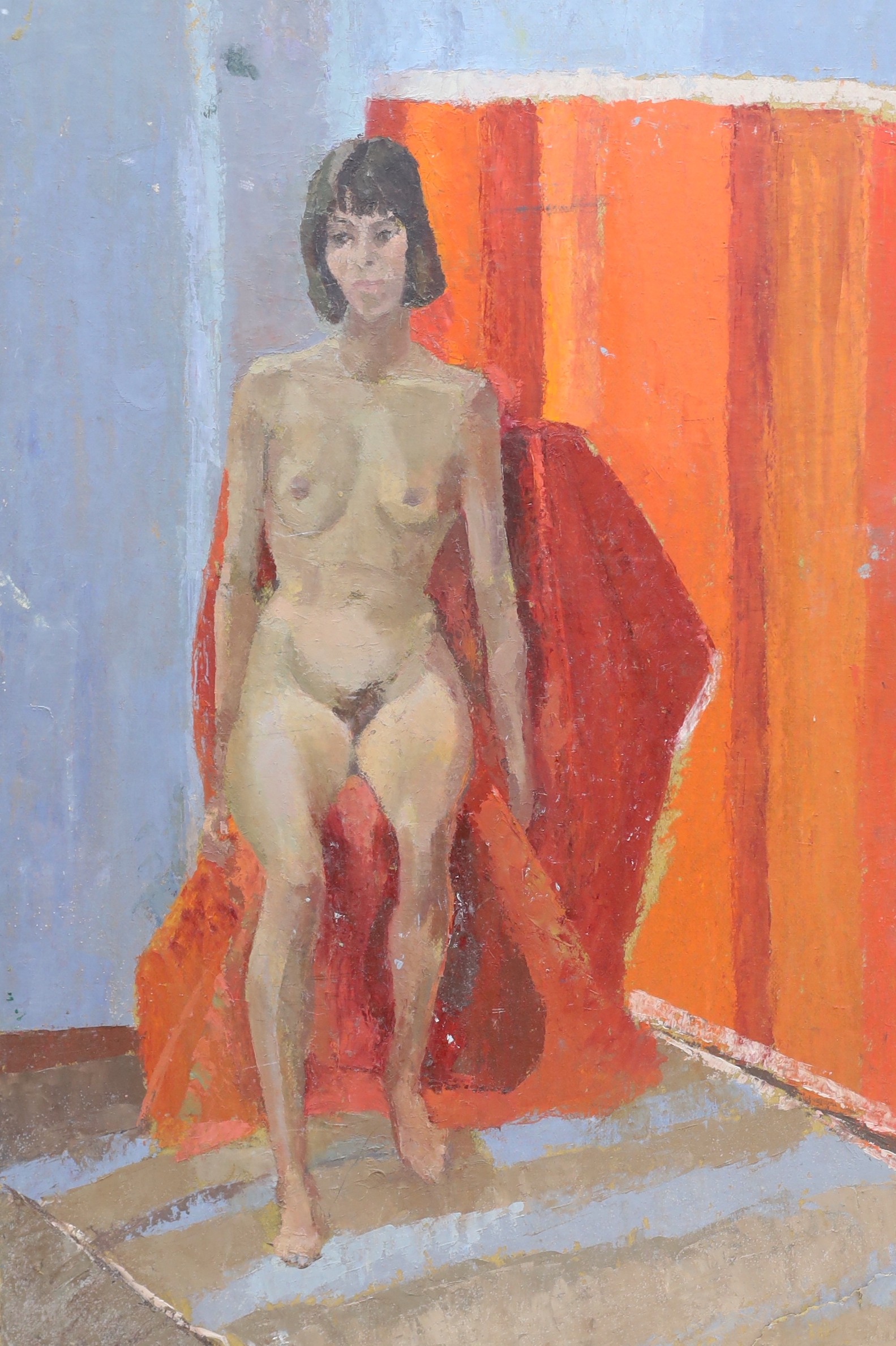 Keith John Tutt, three oils on board, Nudes in the studio, one inscribed verso, largest 77 x 62cm, unframed